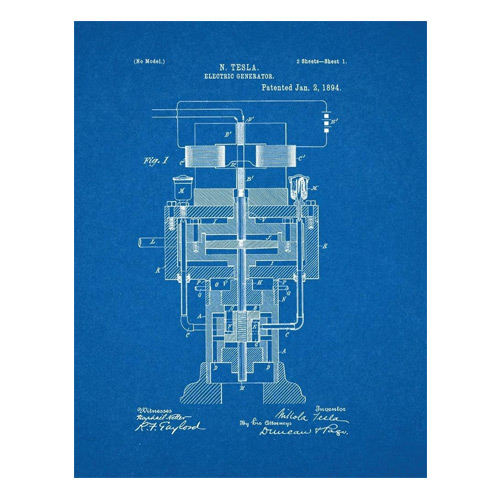Tesla Electric Generator Patent Art Blueprint Poster