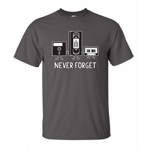 Never Forget Retro Guys T Shirt (Cassette, VHS, Diskette)