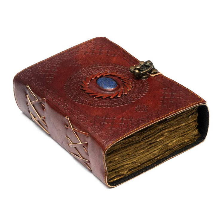 Fantasy Leather Journal with Lock Closure and Semi Precious Stone