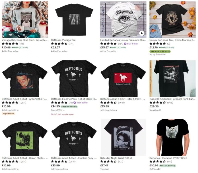Some examples of Deftones vintage merch on Etsy.